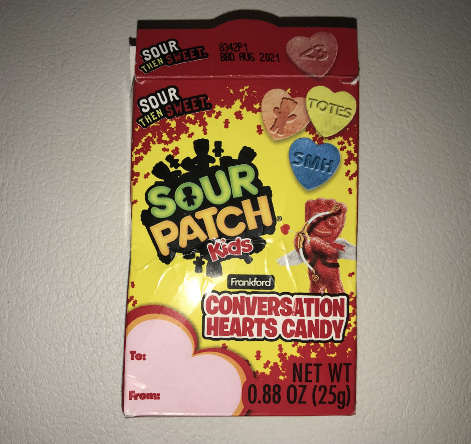 A box of Sour Patch Kids sweet hearts.