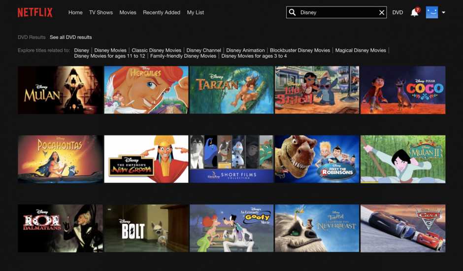 Disney owned content currently on Netflix includes Pixar movies, ABC TV Shows, Star Wars, and the Marvel superhero movies. 
