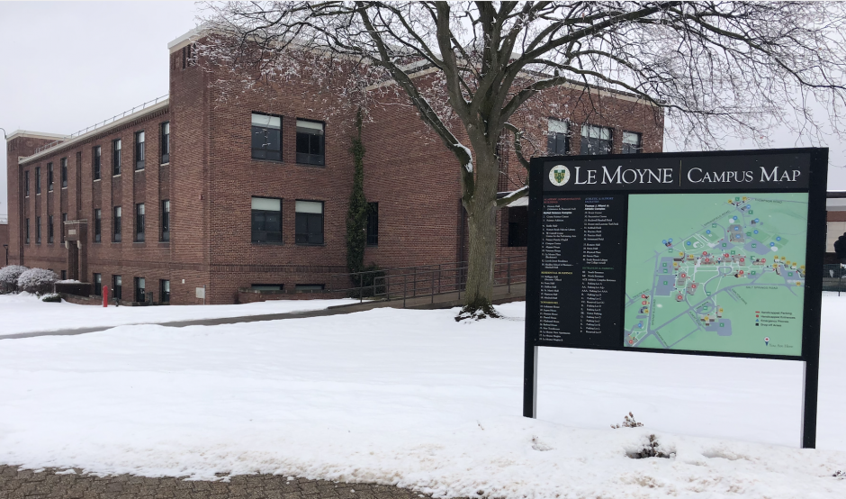 photo of Le Moyne College map with campus in background