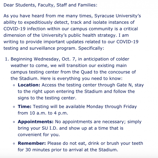 Screen Shot of Vice-Chancellor J. Michael Haynie's Email to students regarding COVID-19 Testing