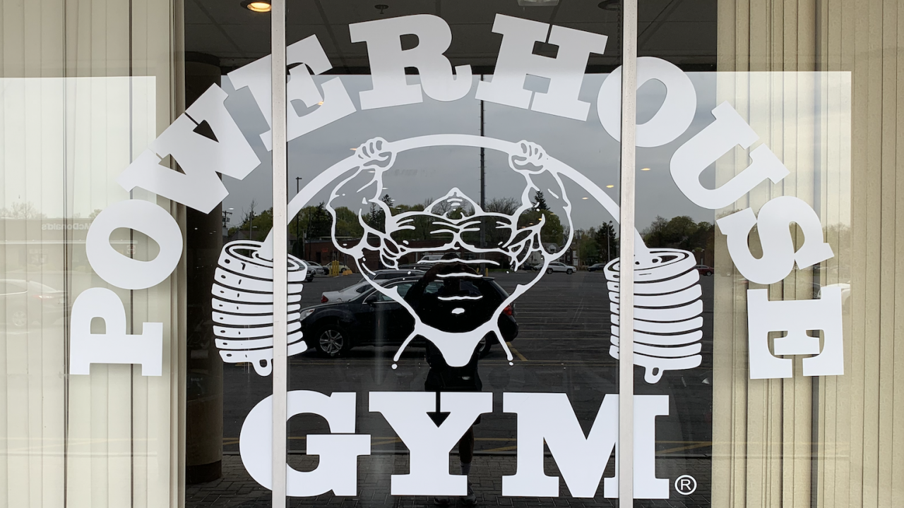 A picture of the window and logo of Powerhouse Gym in Syracuse.