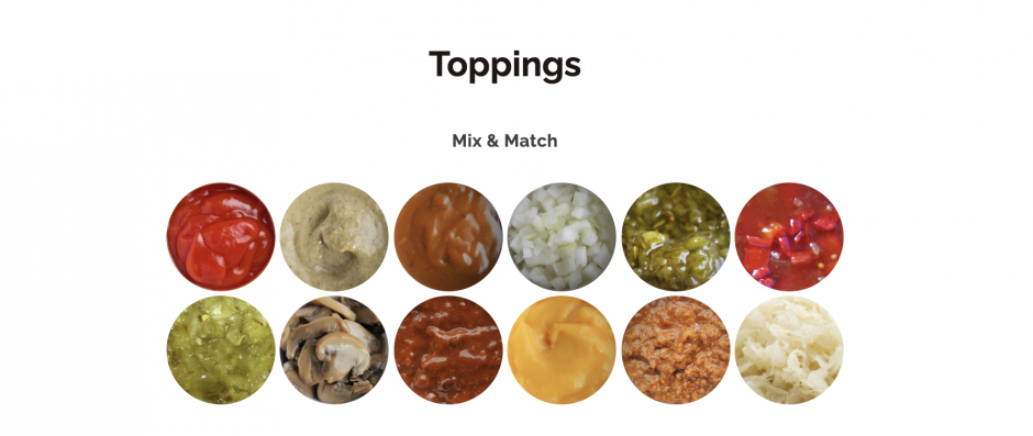 The 12 options of toppings that Heid's offers on a hot dog.