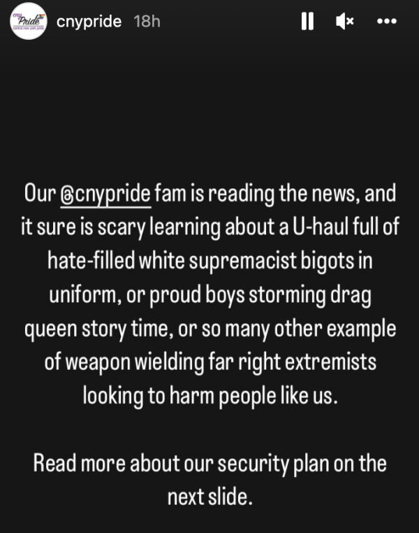 Screen shot of a message on CNY Pride's Instagram story.