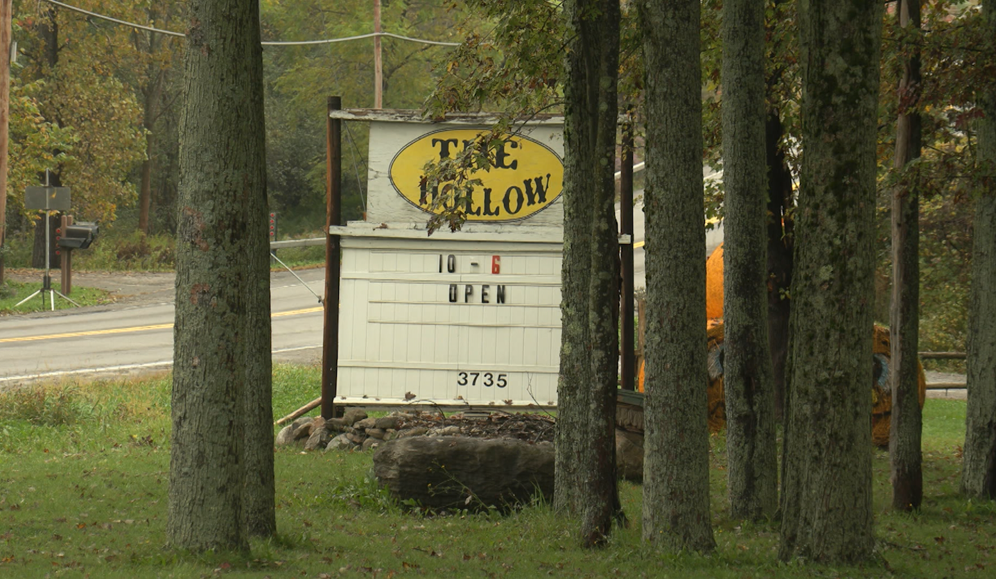 This is a picture of the Pumpkin Hollow sign in Marcellus, New York, a popular spot for Central New York families to enjoy fall activities.