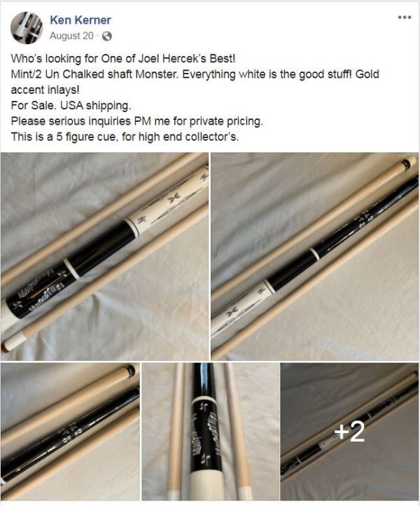 Screenshot of ivory pool cues offered for sale on social media