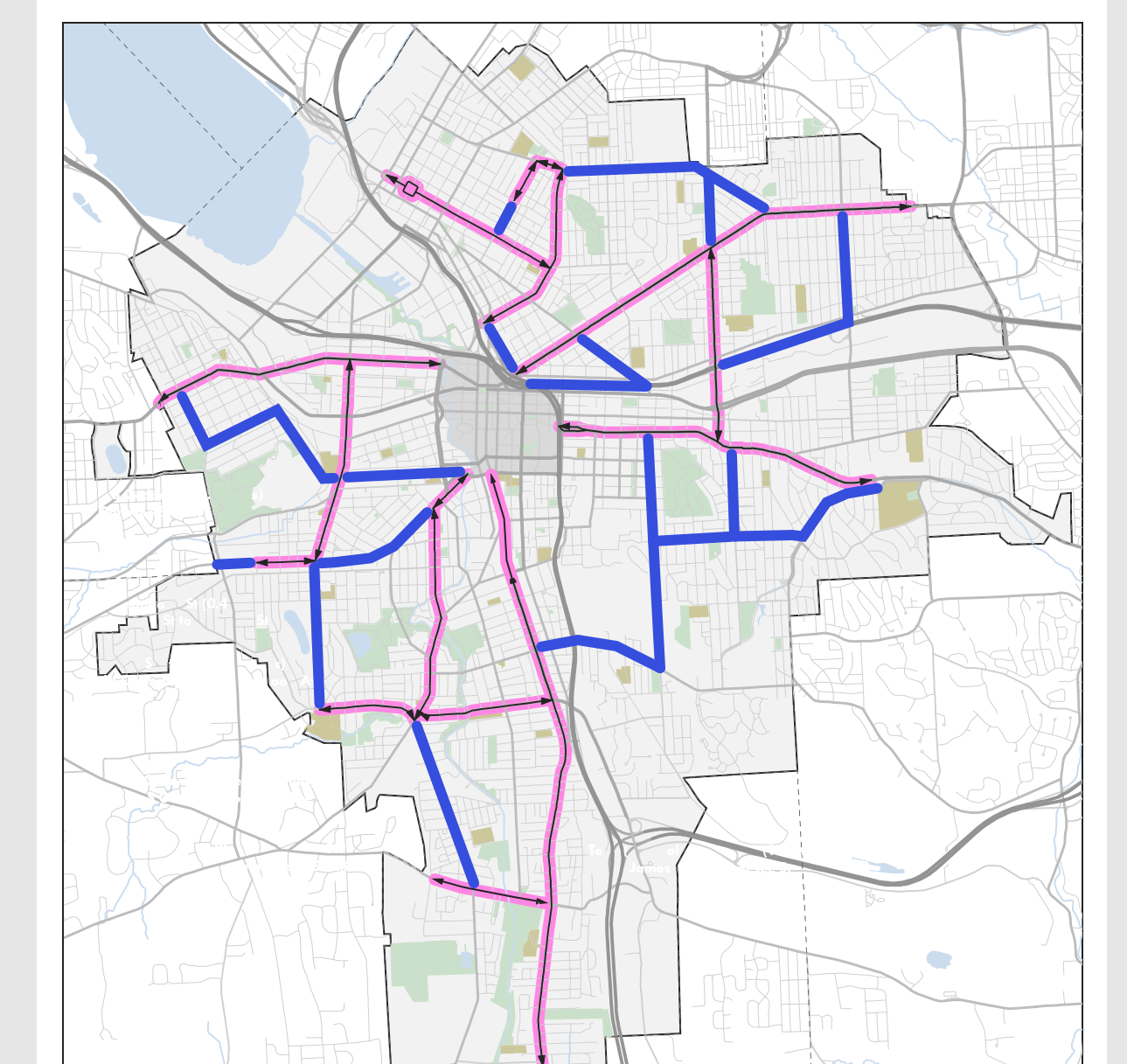 New routes are highlighted in blue, existed ones are highlighted in pink.