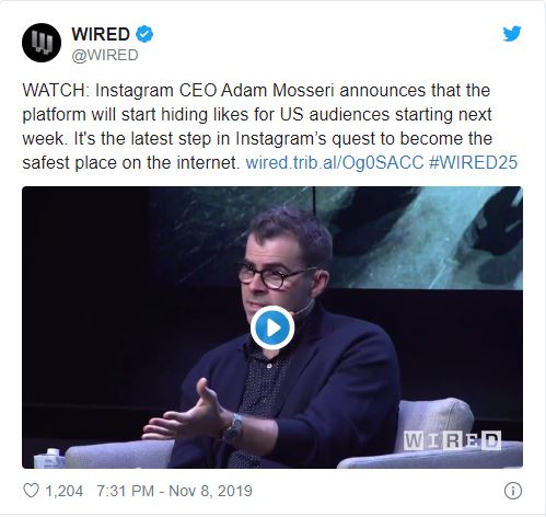 Instagram CEO shared at the WIRED25 Summit that he wants to start hiding "likes" to help improve user mental health.