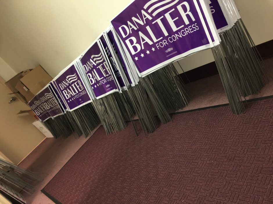 Lawn signs for Balter's campaign are stacked in her campaign offices