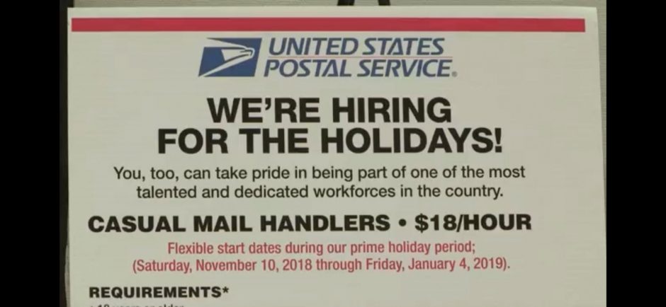 white Hiring sign in post office