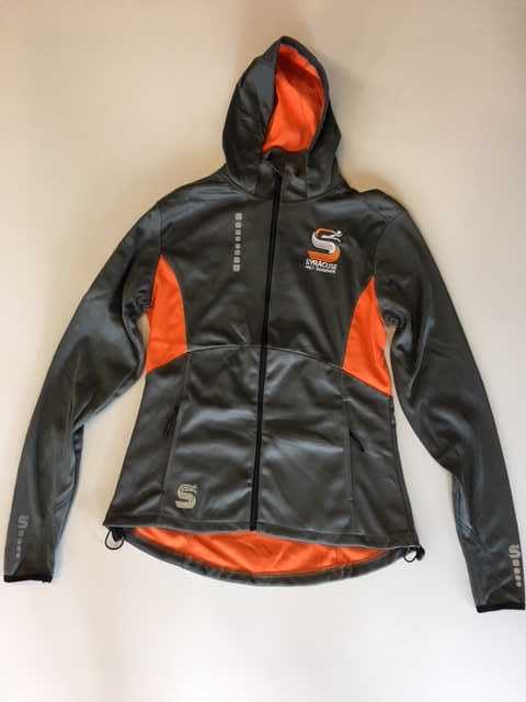 Grey and orange jacket with Syracuse Half Marathon logo.