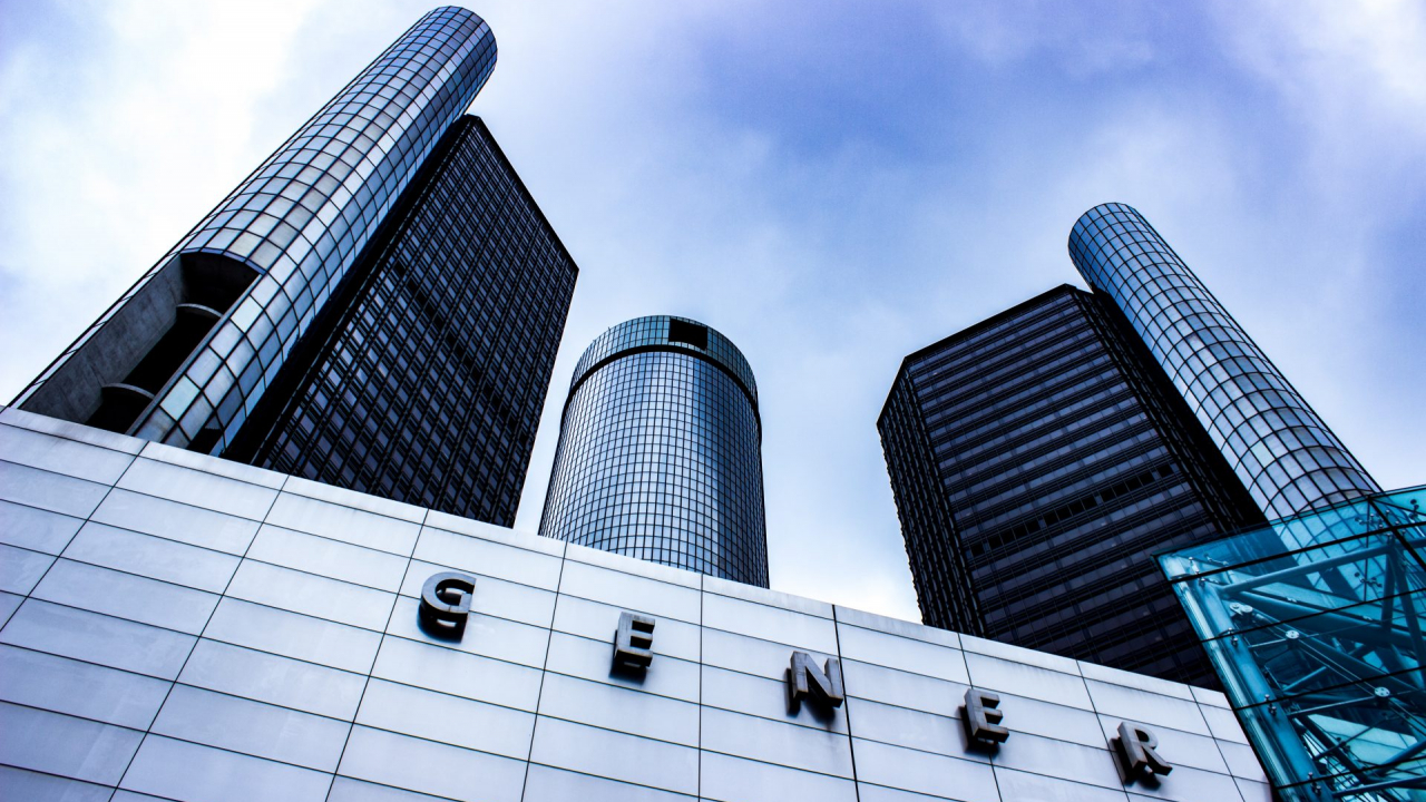 Low shot of General Motors headquarters in Detroit
