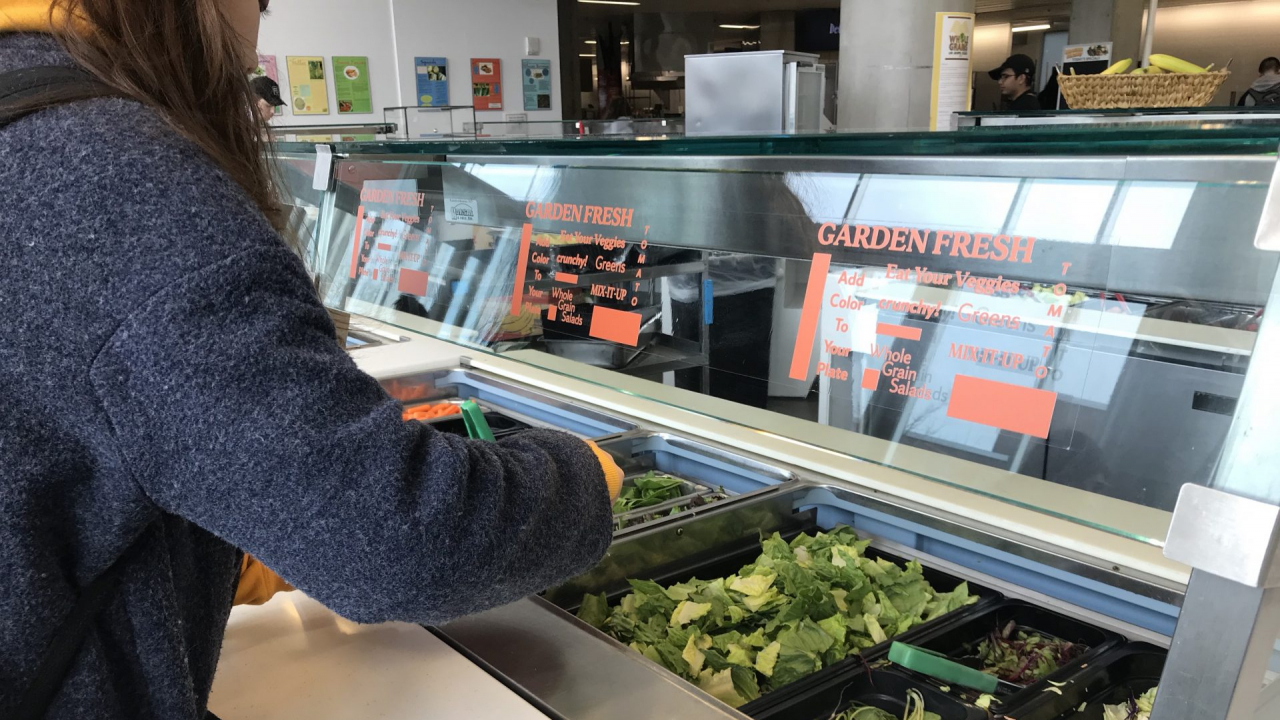 A student in Ernie Davis dining hall preparing a salad at the salad bar.