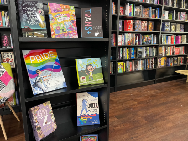 Books highlighting Pride and the LGBTQ+ community are displayed in a new bookstore, Parthenon Books.