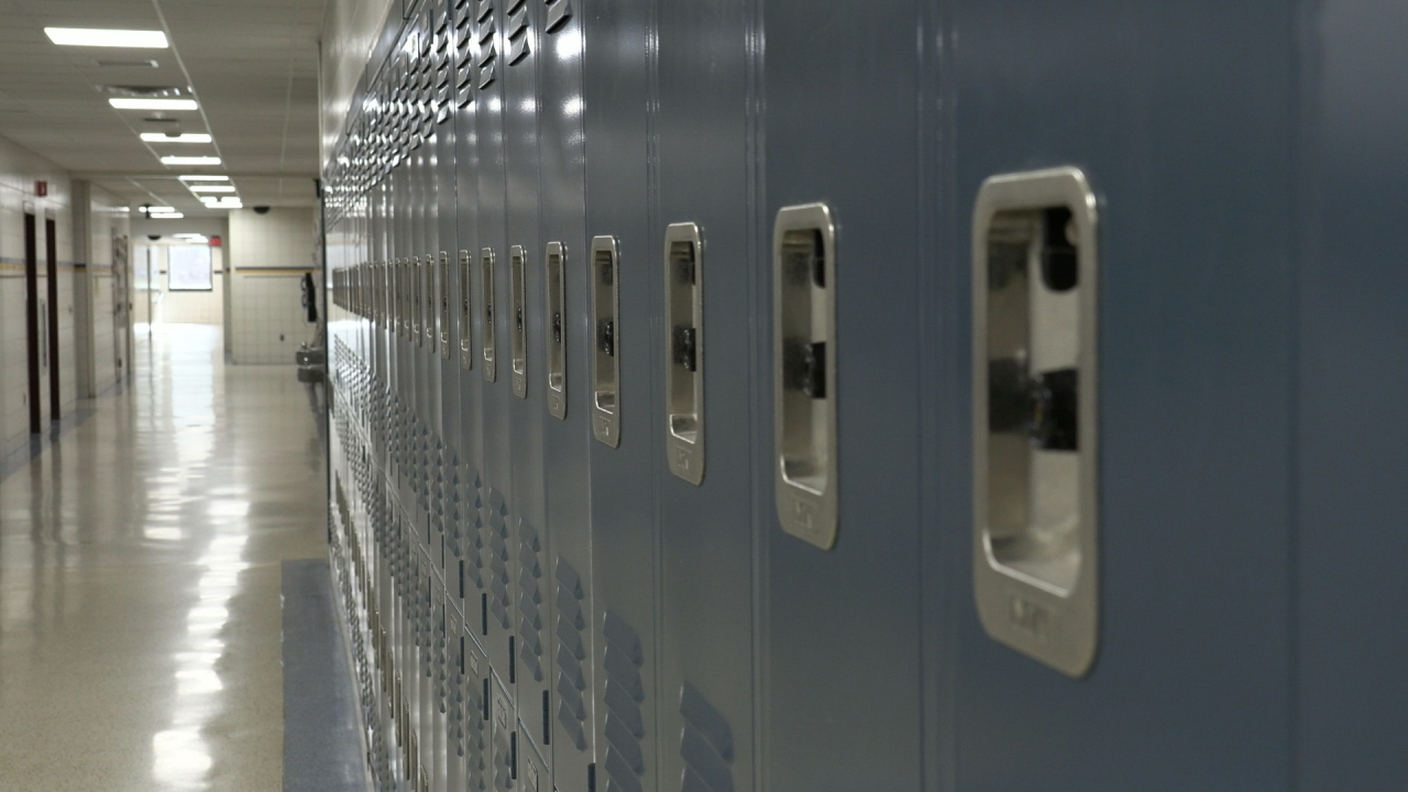 School hallway lined with lockers.