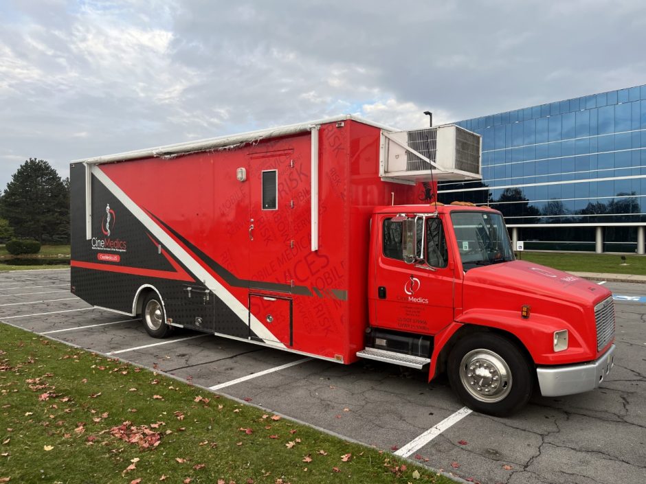 Red vaccination truck parked out of CineMedics headquarters.