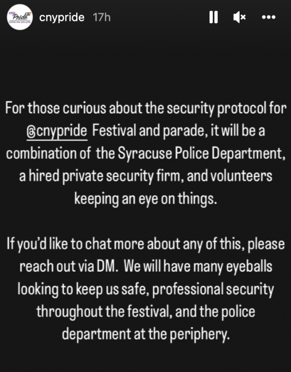 Screenshot of Syracuse Pride Instagram story detailing Pride safety.