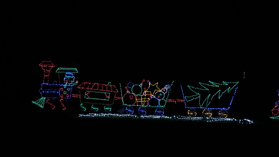 A Christmas light display of a train.